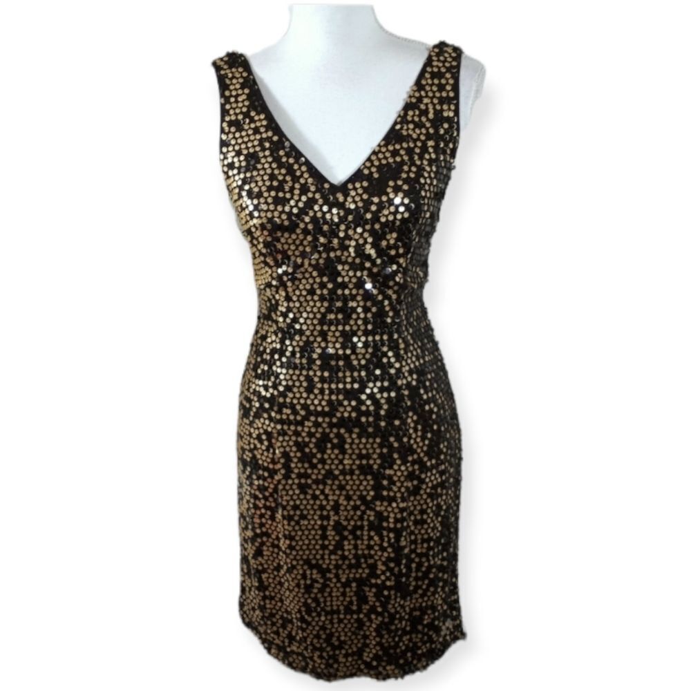 AB STUDIO GOLD & BLACK SEQUIN DRESS SZ.2 EUC